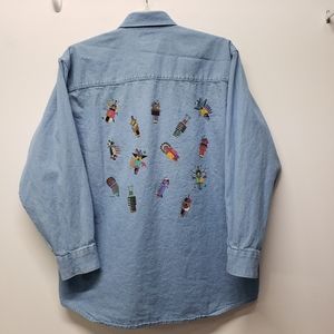 Three River Mens Button Down Long Sleeve Blue Denim Shirts Large Tiki Cotton Vtg